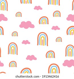 Scandinavian seamless pattern with hand-drawn rainbows, love, and clouds. Creative kids style texture for fabric, wrapping, 
textile, wallpaper, apparel. Surface pattern design.