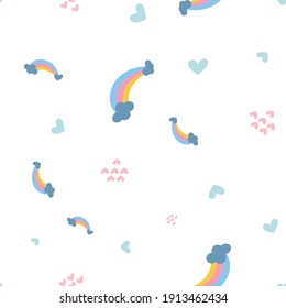 Scandinavian seamless pattern with hand-drawn rainbows, love, and clouds. Creative kids style texture for fabric, wrapping, 
textile, wallpaper, apparel. Surface pattern design.