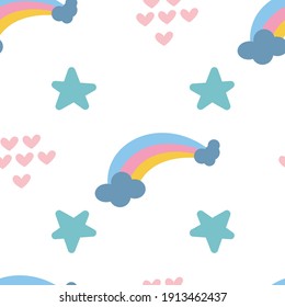 Scandinavian seamless pattern with hand-drawn rainbows, love, and clouds. Creative kids style texture for fabric, wrapping, 
textile, wallpaper, apparel. Surface pattern design.