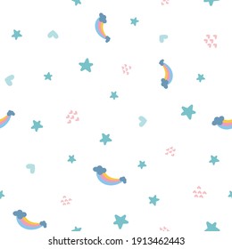 Patrón escandinavo sin fisuras con arcos de lluvia dibujados a mano, amor y nubes. textura de estilo infantil creativa para tela, envoltura, 
textil, papel pintado, vestimenta. Diseño de patrones de superficie.