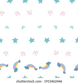 Scandinavian seamless pattern with hand-drawn rainbows, love, and clouds. Creative kids style texture for fabric, wrapping, 
textile, wallpaper, apparel. Surface pattern design.