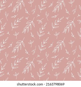 Scandinavian seamless pattern with leaf. Simple pink background with line leaves. Minimalistic wallpaper pattern with nature element. Seamless pattern with botanical element.