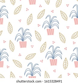 Scandinavian seamless pattern with leaves, home plants, dots on white background. Contour drawing. Perfect for holiday greeting cards, wallpaper, gift paper, seasonal decorations, interior