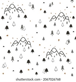 Scandinavian seamless pattern of monochrome landscape. Vector hand drawn illustration.