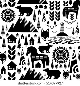 Patrón escandinavo sin fisuras con montañas, casas suaves, abetos, caballo, oso, hojas. Fondo en blanco y negro abstracto. Vector de material.