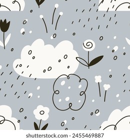 Scandinavian seamless pattern. Nature print, flowers, clouds and rain drops in Scandi doodle style. Endless kids background for baby textile, fabric, wallpaper, wrapping. Flat vector illustration