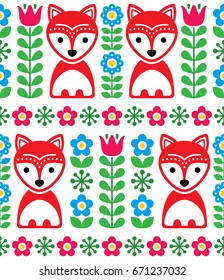 Scandinavian seamless pattern, Nordic background with foxes and flowers, folk art design