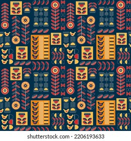 Scandinavian seamless pattern, nordic design in blue, red, orange color