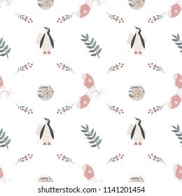 Scandinavian seamless pattern with penguins and gloves and floral decorations.