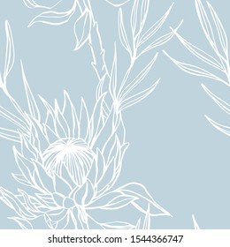 Scandinavian seamless pattern with protea flower. Simple minimalistic wallpaper pattern with nature element. Seamless pattern with botanical element. 