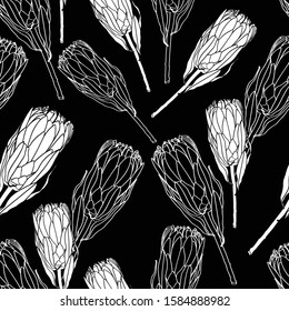 Scandinavian seamless pattern with protea flower. Simple minimalistic wallpaper pattern with nature element. Seamless pattern with botanical element. Black white illustration.
