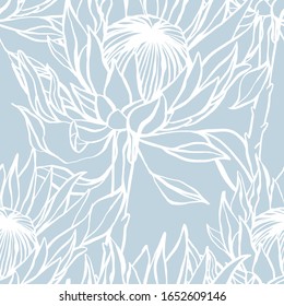 Scandinavian seamless pattern with protea flower. Simple minimalistic wallpaper pattern with nature element. Seamless pattern with botanical element. 