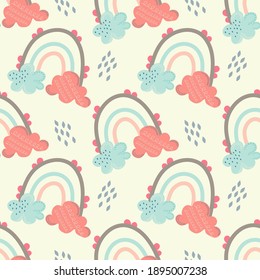 Scandinavian seamless pattern with rainbows and clouds on a light background with droplets. Vector illustration in flat Scandinavian style for childrens room decoration. Childrens modern design.