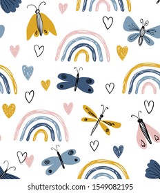 Scandinavian seamless pattern with rainbows, hearts, butterflies. Hand drawn cute texture. Modern ornament in vector. Perfect for fabric or childish design