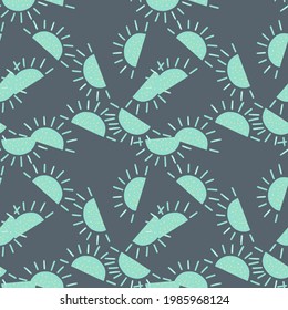 Scandinavian seamless pattern with random abstract blue childish sun elements. Pale navy blue background. Perfect for fabric design, textile print, wrapping, cover. Vector illustration.