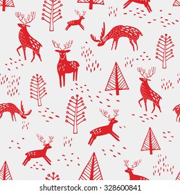 Scandinavian Seamless Pattern With Red Deer. Nordic Style. Textiles. Christmas Wrapping Paper