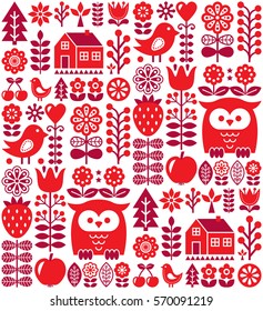 Scandinavian seamless pattern - red Finnish folk art, Nordic style  
  