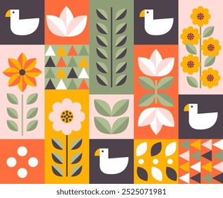 Scandinavian seamless pattern. Repeating design element for printing on fabric. Gooses and sunflowers. Abstract minimalistic creativity and art. Cotton and textile. Flat vector illustration