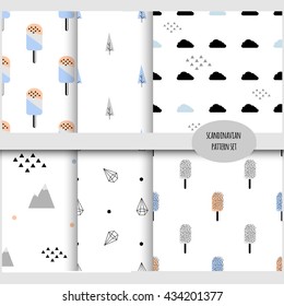 Scandinavian seamless pattern set. Geometric abstract sign, clouds, rain, ice cream, mountain, crystal, polygon, forest. Vector illustration background collection
