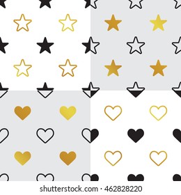 Scandinavian seamless pattern set. Gold monochrome seamless patterns. Kids background. Vector seamless baby pattern. Perfect for wrap and holiday package.