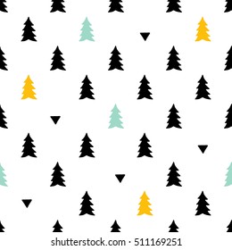 Scandinavian seamless pattern set. Hand drawn forest. Vector illustration background collection in black, blue and yellow colors