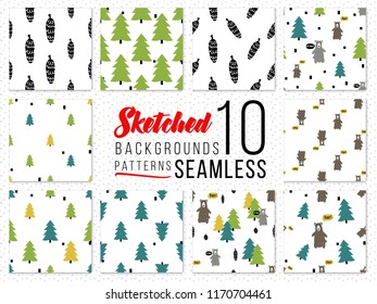 Scandinavian seamless pattern set. Minimalist designs. Hand drawn kid style illustration.

