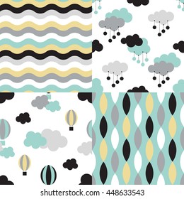 Scandinavian seamless pattern set. Newborn seamless patterns. Kids background with balloons and clouds. Vector seamless baby pattern. Perfect for kids bed linen, kids wallpaper. Bed linen baby cotton.