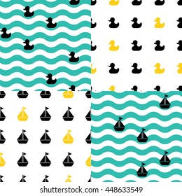Conjunto de patrones escandinavos sin fisuras. Patrones sin fisuras recién nacidos con onda y pato.  Niños de fondo. Patrón de bebé sin fisuras vectorial. Perfecto para ropa de cama para niños o papel pintado para niños. Ropa de cama de algodón.