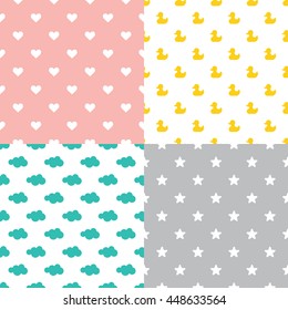 Scandinavian seamless pattern set. Newborn seamless patterns. Kids background. Vector seamless baby pattern. Perfect for kids bed linen or kids wallpaper. Bed linen baby cotton.