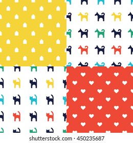 Scandinavian seamless pattern set. Newborn seamless patterns with cats and dogs. Kids background. Vector seamless baby pattern. Perfect for kids bed linen baby cotton, kids wallpaper.