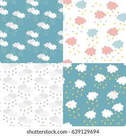Scandinavian seamless pattern set. Newborn print for fabric. Kids background with clouds, hearts, stars and flowers. Vector illustration.