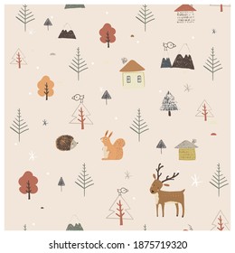 Scandinavian seamless pattern with simple flat house, trees, cute animals, mountains, and landscape elements. Hand drawn vector illustration.