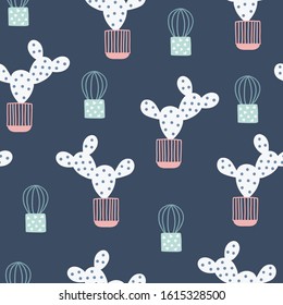Scandinavian seamless pattern with succulents in pots on dark blue background. Perfect for holiday greeting cards, wallpaper, gift paper, seasonal decorations, interior