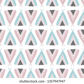 Scandinavian seamless pattern with teepee ethnic ornament. Vector children background.
For fabric, clothes design, bed linen, wallpaper, scrapbooking, stamping, stickers, signboard, web design, pack.