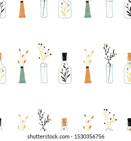Scandinavian seamless pattern with vases, bottles of flowers. Simple vector illustration in cartoon hand-drawn style