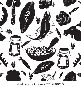 Scandinavian seamless pattern. Vector illustration of forest objects. Culture of Scandinavia. A hand-drawn drawing. Karelia. Moose, trout pie, shungite, caviar, birch, fish, jam.