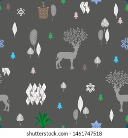 Scandinavian seamless pattern. Vector print with winter symbols. Forest trees, leaves and snowflakes on grey background. Nordic textile collection.