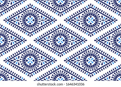 Scandinavian seamless pattern. White and blue tribal vector background. Ethnic print for textile, fabric, cloth, wallpaper, wrapping.
