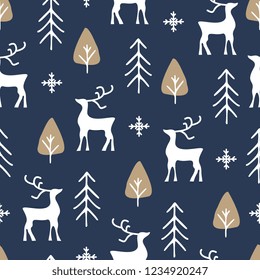 Scandinavian seamless pattern wit reindeer and tree for christmas holiday and winter season animal theme. Vector illustration ready for children, teenager, kids wallpaper and fashion print.