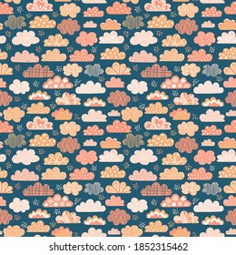Scandinavian seamless patterns set. Clouds in golden, yellow, peach colors. Cute childish collection for backdrop, wallpaper, textile. Hatched, dotted, striped rounded hand drawn clouds on dark. 