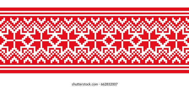 Scandinavian seamless pixel pattern. Winter embroidery ornament. Knitted Christmas ornament.