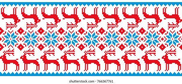 Scandinavian seamless pixel pattern. Winter ornament with a deer. Knitted Christmas and New Year's embroidery.