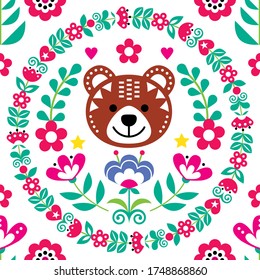 Scandinavian seamless vector folk art pattern with bear, flowers and wreath, Nordic floral textile design inspired by traditional embroidery from Sweden, Norway and Denmark. Nature repetitive ornament