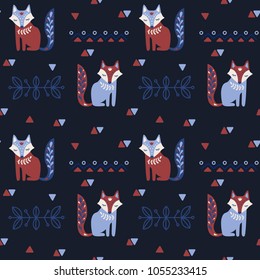 Scandinavian seamless vector folk pattern with fox and decorative elements. Vector repetitive background. 