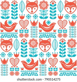 Scandinavian seamless vector folk pattern with flowers and animals inspired by Finnish art.

Vector repetitive background with flowers, foxes and birds, wallpaper in orange and turquoise 