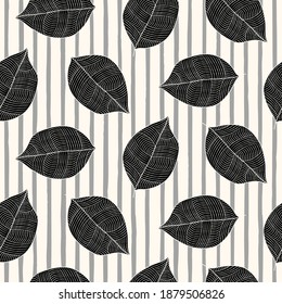 Scandinavian seamless vector outline pattern with monochrome leaves on stripes background in simple style