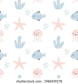 Scandinavian Seamless vector pattern with fishes, sea stars and dots. Summer Vector trendy design perfect for prints, flyers, banners, fabric, invitations.