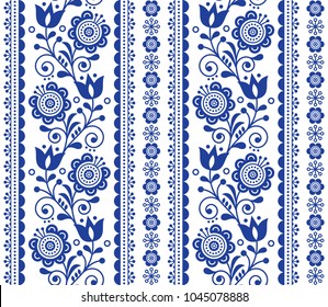 
Scandinavian seamless vector pattern with flowers, Nordic folk art repetitive navy blue ornament.

Retro floral background inspired by Swedish and Norwegian traditional embroidery 