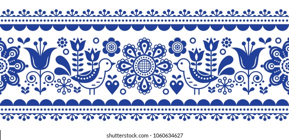 Scandinavian seamless vector pattern with flowers and birds, Nordic folk art repetitive navy blue ornament. 
Retro floral background inspired by Swedish and Norwegian traditional embroidery 
  

