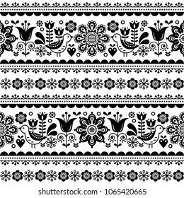 Scandinavian seamless vector pattern with flowers and birds, Nordic folk art repetitive black and white ornament. Retro floral monochrome background inspired by Swedish and Norwegian traditional art